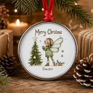 Cute Personalized Christmas Fairy and Tree Metal Ornament