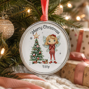 Cute Personalized Christmas Fairy and Tree Metal Ornament