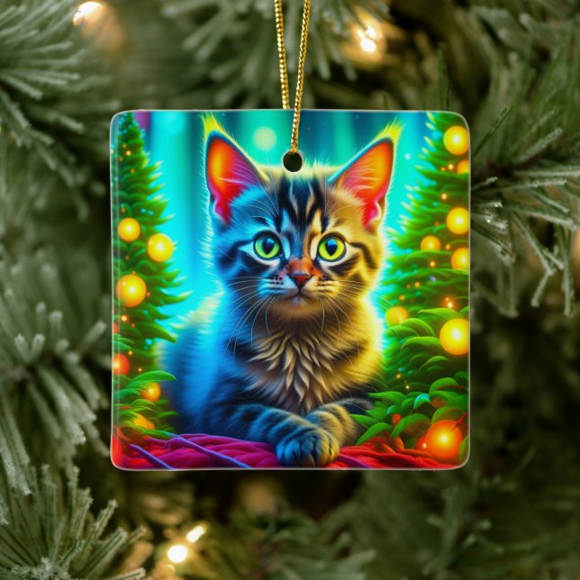 Cute Personalized Christmas Lights and Kitten  Ceramic Ornament (Tree)