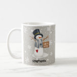 Cute Personalized Christmas Snowman Let It Snow Coffee Mug<br><div class="desc">This cute holiday mug features snowman holding sign saying "Let it Snow" and personalized with your name on a grey snow background. Perfect for this Christmas season.</div>