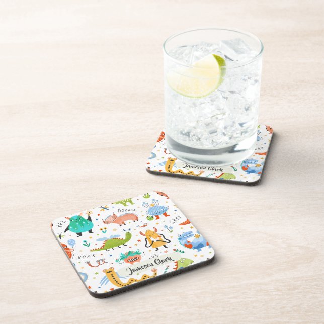 Cute Personalized Colourful Dinosaur Alien Kids Coaster (Right Side)