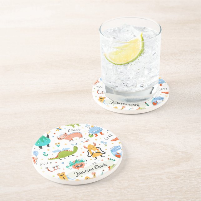 Cute Personalized Colourful Dinosaur Alien Kids Coaster (Side)