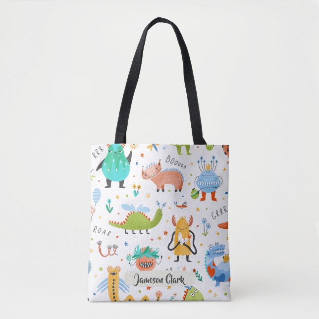 Cute Personalized Colourful Dinosaur Alien Kids Tote Bag (Front)