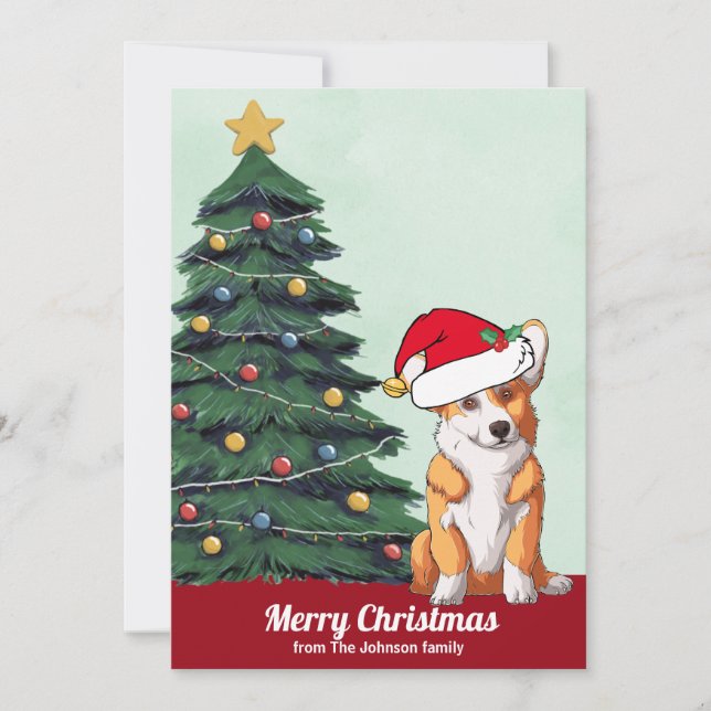 Cute Personalized Corgi Santa Hat Christmas Tree Holiday Card (Front)