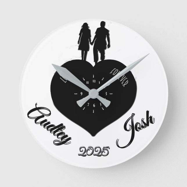 Cute Personalized Couple's Love Forever Round Clock (Front)