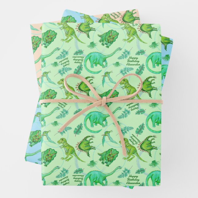 Cute Personalized Dinosaur Gift Wrap In 3 Colors (In situ)