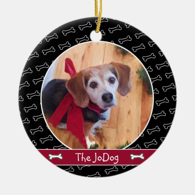 Cute Personalized Dog Photo Dog Bone Pattern Black Ceramic Ornament (Front)