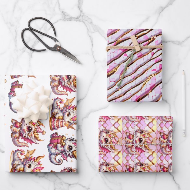 Cute Personalized Dragon Themed Birthday Wrapping Paper Sheet (Front)