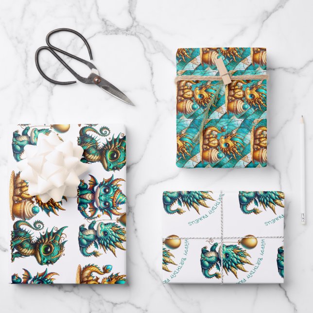 Cute Personalized Dragon Themed Birthday Wrapping Paper Sheet (Front)