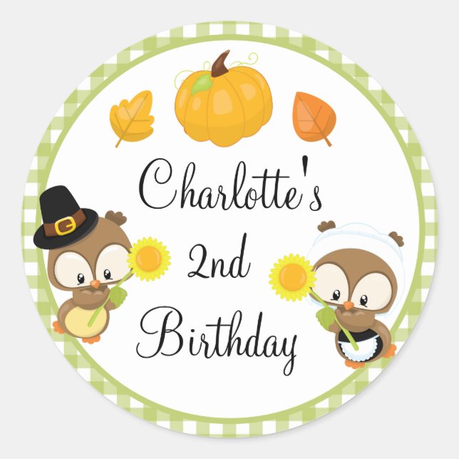 Cute Personalized Fall Owl Birthday Classic Round Sticker (Front)