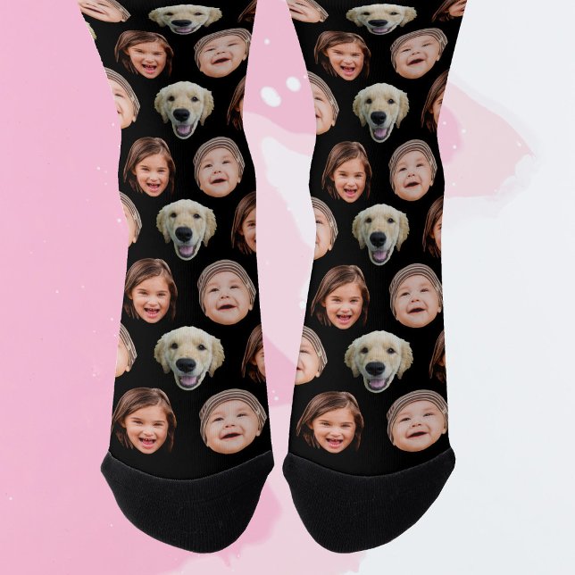 Cute Personalized Family Face 3 Photos Black Socks (Creator Uploaded)