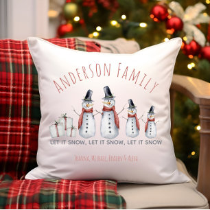 Cute Personalized Family Name Snowman Let it Snow Throw Pillow