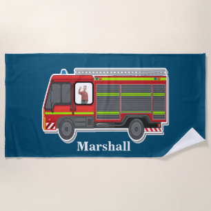 Cute personalized fire engine kids photo blue beach towel
