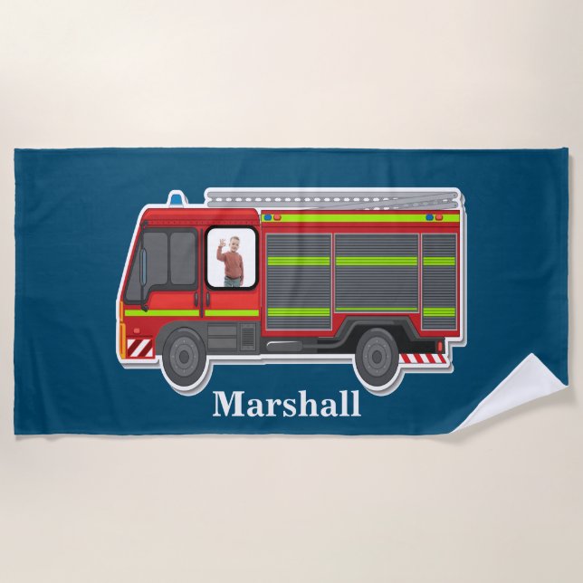 Cute  personalized fire engine kids  photo blue beach towel (Front)