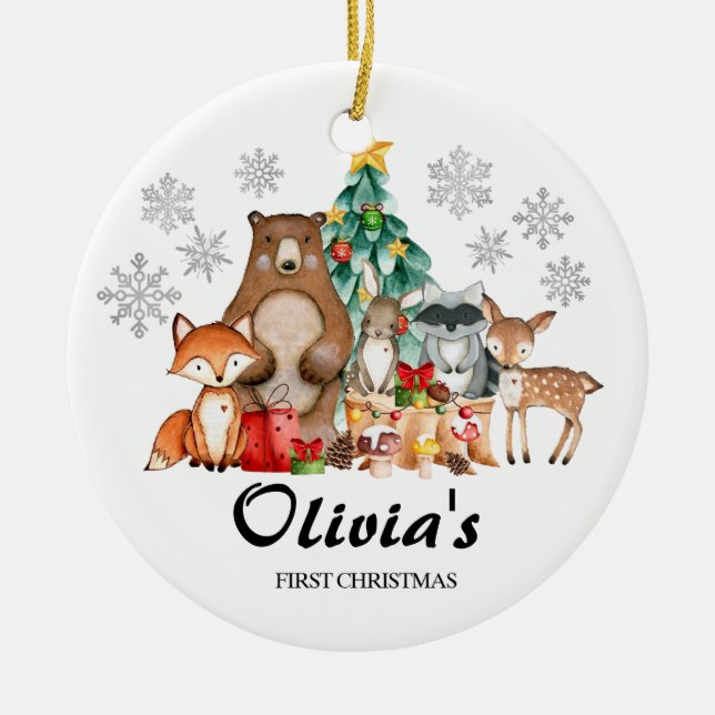 Cute Personalized First's Christmas animal Ceramic Ornament (Front)