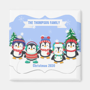 Cute Personalized Five Penguin  Christmas Magnet