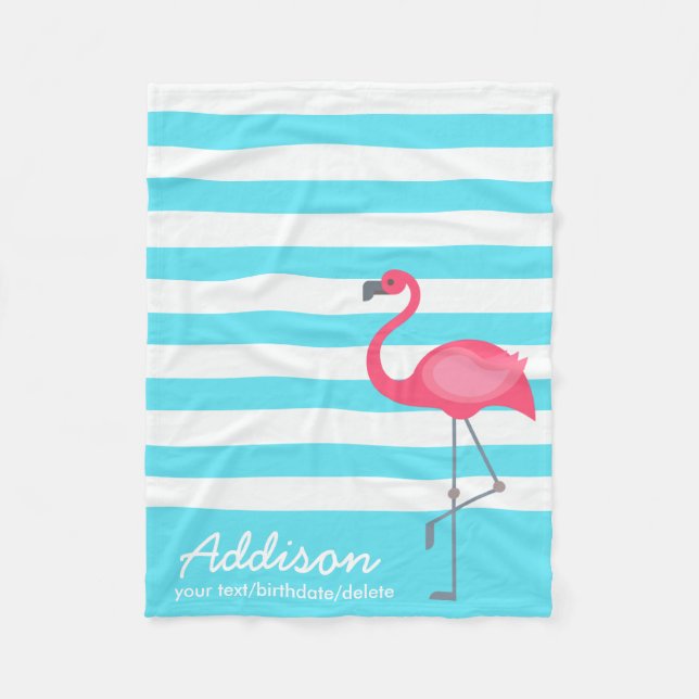 Cute Personalized Flamingo Tropical Blue Stripe Fleece Blanket (Front)
