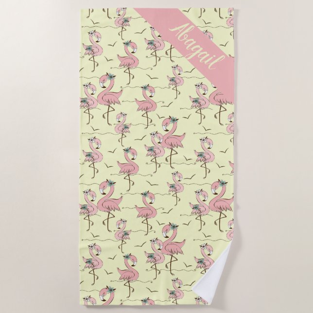 Cute Personalized Flamingos  Beach Towel (Front)