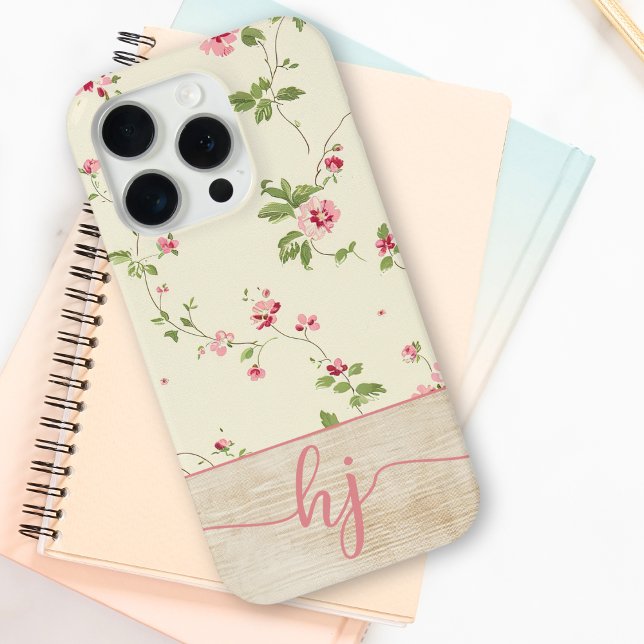 Cute Personalized Floral Wood Script Monogram Case-Mate iPhone Case (Creator Uploaded)