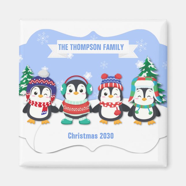 Cute Personalized Four Penguins Christmas Magnet (Front)