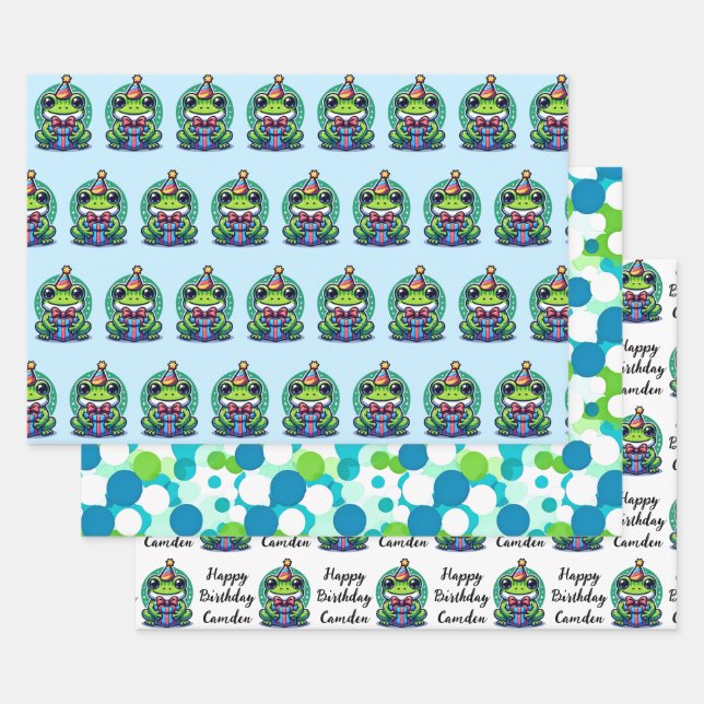 Cute Personalized Frog Themed Birthday Wrapping Paper Sheet (Set)