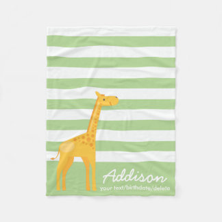 Cute Personalized Giraffe Jungle Mint Green Stripe Fleece Blanket