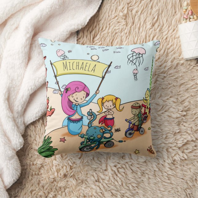 Cute Personalized Girl Mermaid Throw Pillow (Blanket)