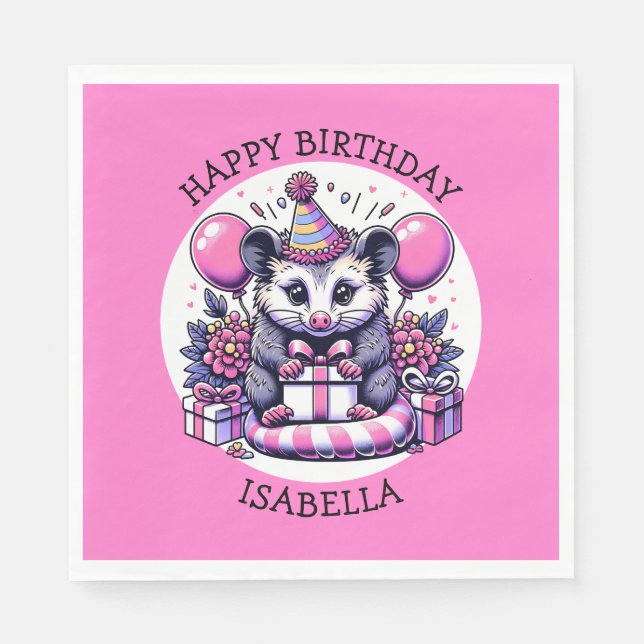 Cute Personalized Girl's Birthday Possum Napkin (Front)