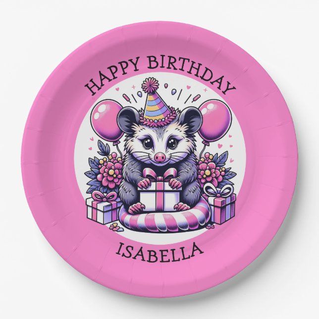 Cute Personalized Girl's Birthday Possum Paper Plate (Front)