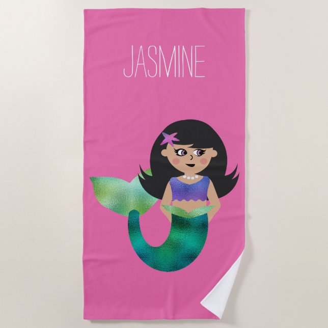 Cute Personalized Girls Latino Faux Foil Mermaid Beach Towel (Front)