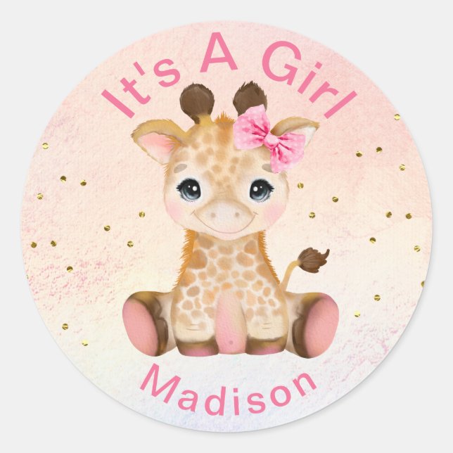 Cute Personalized Girls Pink Baby Giraffe Sticker (Front)