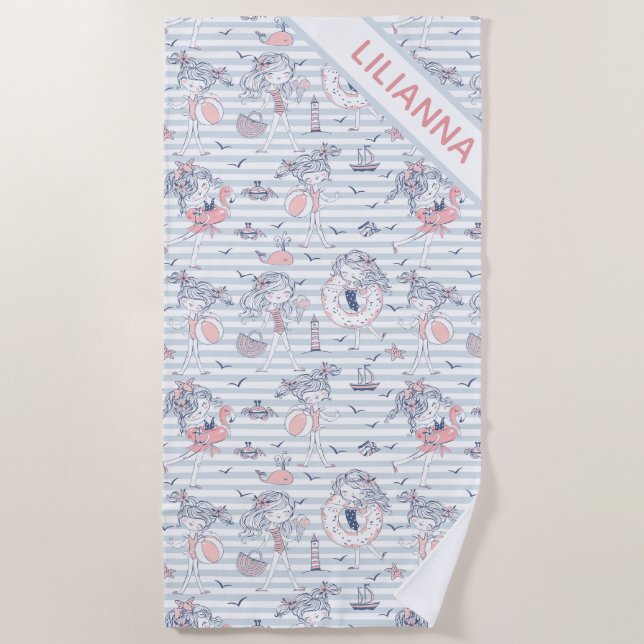 Cute Personalized Girly Summertime Fun  Beach Towe Beach Towel (Front)