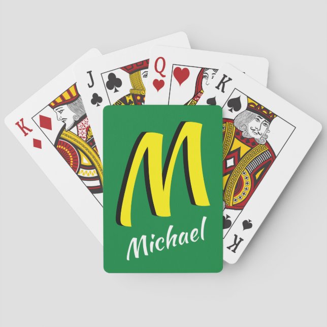 Cute Personalized Green and Yellow Shadow Monogram Playing Cards (Back)