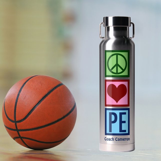 Cute Personalized Gym Teacher Peace Love P.E. Water Bottle (Creator Uploaded)