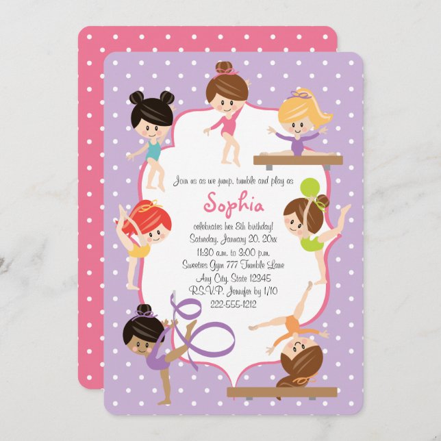 Cute Personalized Gymnastics Birthday Party Invitation (Front/Back)
