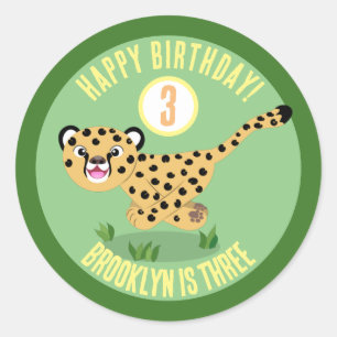Cute personalized happy cheetah birthday cartoon classic round sticker