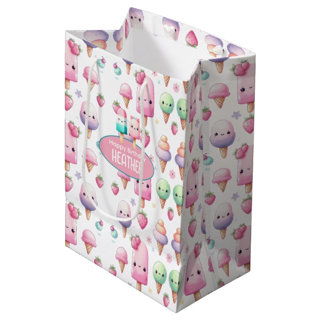 Cute Personalized IcePop Summer Birthday Girls Medium Gift Bag (Front Angled)