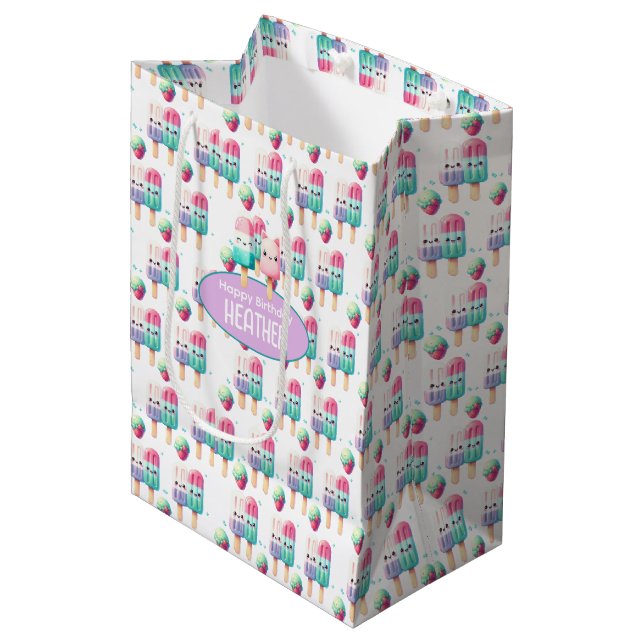 Cute Personalized IcePop Summer Birthday Girls Medium Gift Bag (Front Angled)