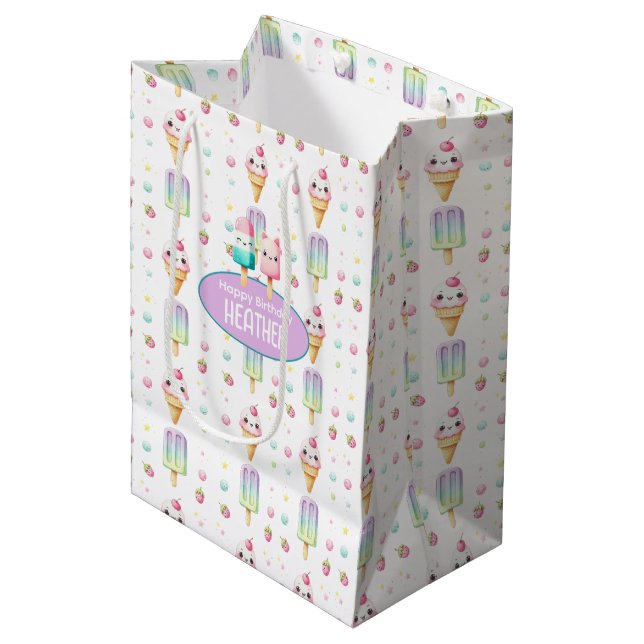 Cute Personalized IcePop Summer Birthday Girls Medium Gift Bag (Front Angled)