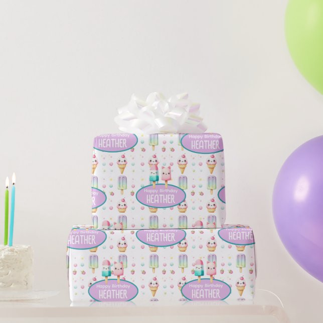Cute Personalized IcePop Summer Birthday Girls Wrapping Paper (Party Gifts)