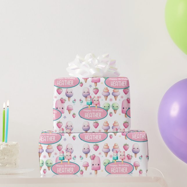 Cute Personalized IcePop Summer Birthday Girls Wrapping Paper (Party Gifts)