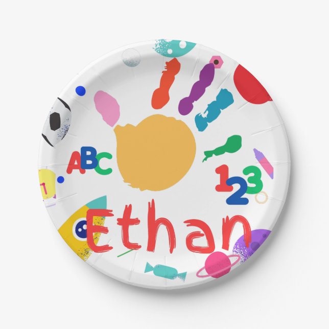 Cute Personalized Kid's ABC Hand Paint 123 Paper Plate (Front)