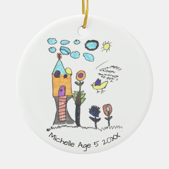 Cute Personalized Kids Drawing Christmas Tree Ceramic Ornament (Front)