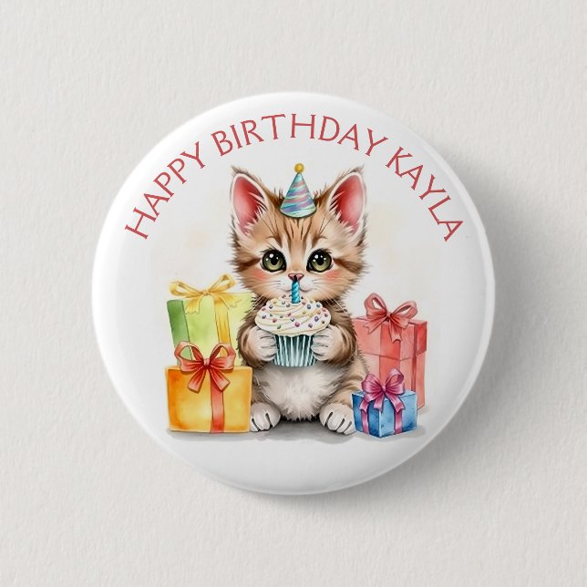 Cute Personalized Kitten in Birthday Hat  2 Inch Round Button (Front)