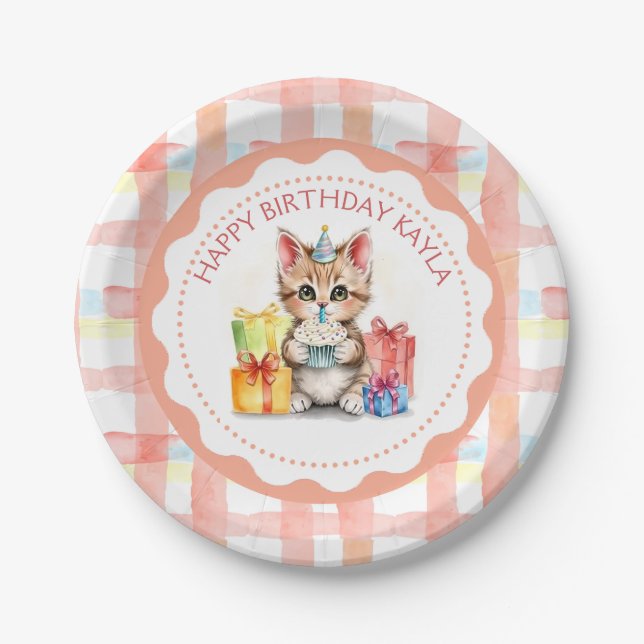 Cute Personalized Kitten in Birthday Hat  Paper Plate (Front)