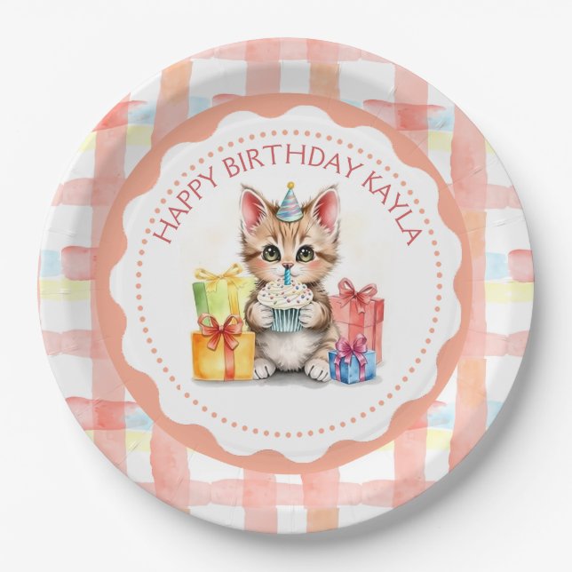 Cute Personalized Kitten in Birthday Hat  Paper Plate (Front)