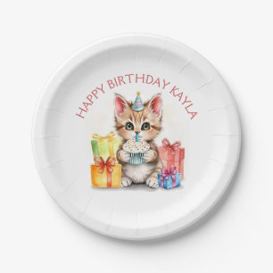 Cute Personalized Kitten in Birthday Hat  Paper Plate