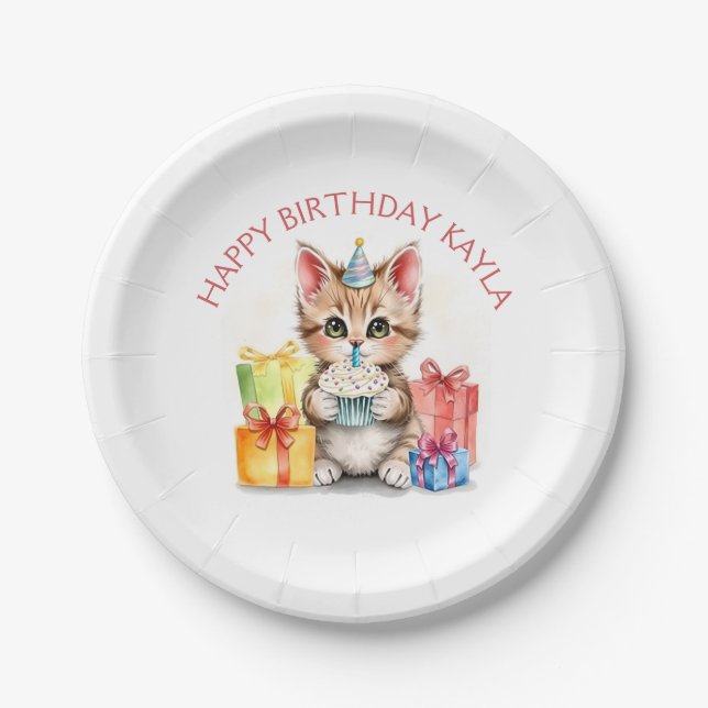Cute Personalized Kitten in Birthday Hat  Paper Plate (Front)