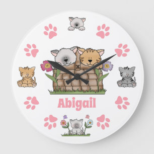 Cute Personalized Kittens, Cats and Paw Prints Large Clock