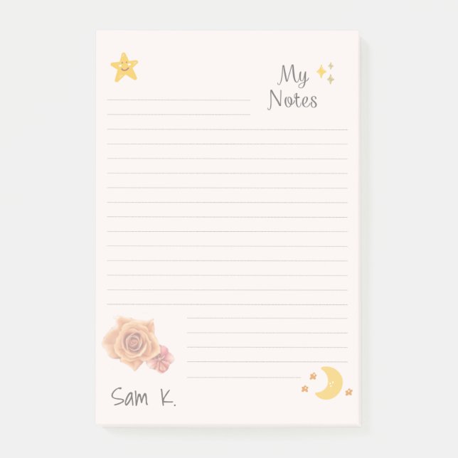 Cute Personalized Lined Blush With Moon and Stars Post-it Notes (Front)